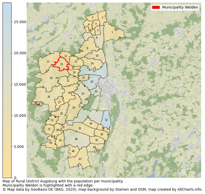 Map of Rural district Augsburg with the population per municipality.Municipality Welden is highlighted with a red edge.. This page shows a lot of information about residents (such as the distribution by age groups, family composition, gender, native or German with an immigration background, ...), homes (numbers, types, price development, use, type of property, ...) and more (car ownership, energy consumption, ...) based on open data from the German Federal Agency for Cartography, the Federal Statistical Office (DESTATIS), the Regional Statistical Offices and various other sources!