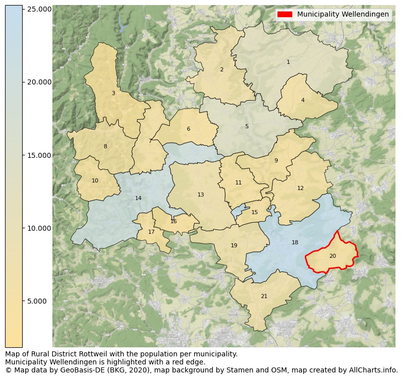 Map of Rural district Rottweil with the population per municipality.Municipality Wellendingen is highlighted with a red edge.. This page shows a lot of information about residents (such as the distribution by age groups, family composition, gender, native or German with an immigration background, ...), homes (numbers, types, price development, use, type of property, ...) and more (car ownership, energy consumption, ...) based on open data from the German Federal Agency for Cartography, the Federal Statistical Office (DESTATIS), the Regional Statistical Offices and various other sources!