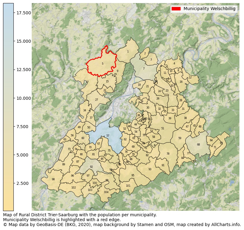 Map of Rural district Trier-Saarburg with the population per municipality.Municipality Welschbillig is highlighted with a red edge.. This page shows a lot of information about residents (such as the distribution by age groups, family composition, gender, native or German with an immigration background, ...), homes (numbers, types, price development, use, type of property, ...) and more (car ownership, energy consumption, ...) based on open data from the German Federal Agency for Cartography, the Federal Statistical Office (DESTATIS), the Regional Statistical Offices and various other sources!