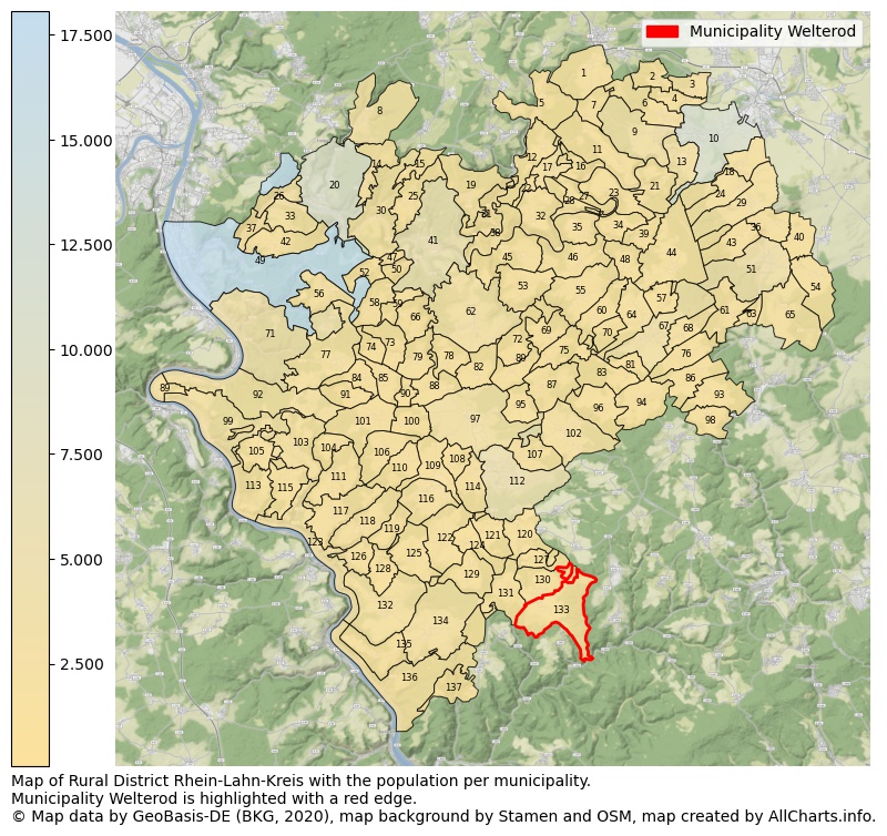 Map of Rural district Rhein-Lahn-Kreis with the population per municipality.Municipality Welterod is highlighted with a red edge.. This page shows a lot of information about residents (such as the distribution by age groups, family composition, gender, native or German with an immigration background, ...), homes (numbers, types, price development, use, type of property, ...) and more (car ownership, energy consumption, ...) based on open data from the German Federal Agency for Cartography, the Federal Statistical Office (DESTATIS), the Regional Statistical Offices and various other sources!
