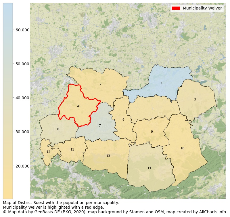Map of District Soest with the population per municipality.Municipality Welver is highlighted with a red edge.. This page shows a lot of information about residents (such as the distribution by age groups, family composition, gender, native or German with an immigration background, ...), homes (numbers, types, price development, use, type of property, ...) and more (car ownership, energy consumption, ...) based on open data from the German Federal Agency for Cartography, the Federal Statistical Office (DESTATIS), the Regional Statistical Offices and various other sources!