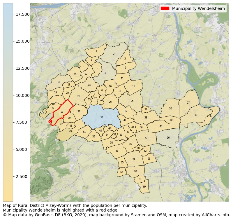 Map of Rural district Alzey-Worms with the population per municipality.Municipality Wendelsheim is highlighted with a red edge.. This page shows a lot of information about residents (such as the distribution by age groups, family composition, gender, native or German with an immigration background, ...), homes (numbers, types, price development, use, type of property, ...) and more (car ownership, energy consumption, ...) based on open data from the German Federal Agency for Cartography, the Federal Statistical Office (DESTATIS), the Regional Statistical Offices and various other sources!