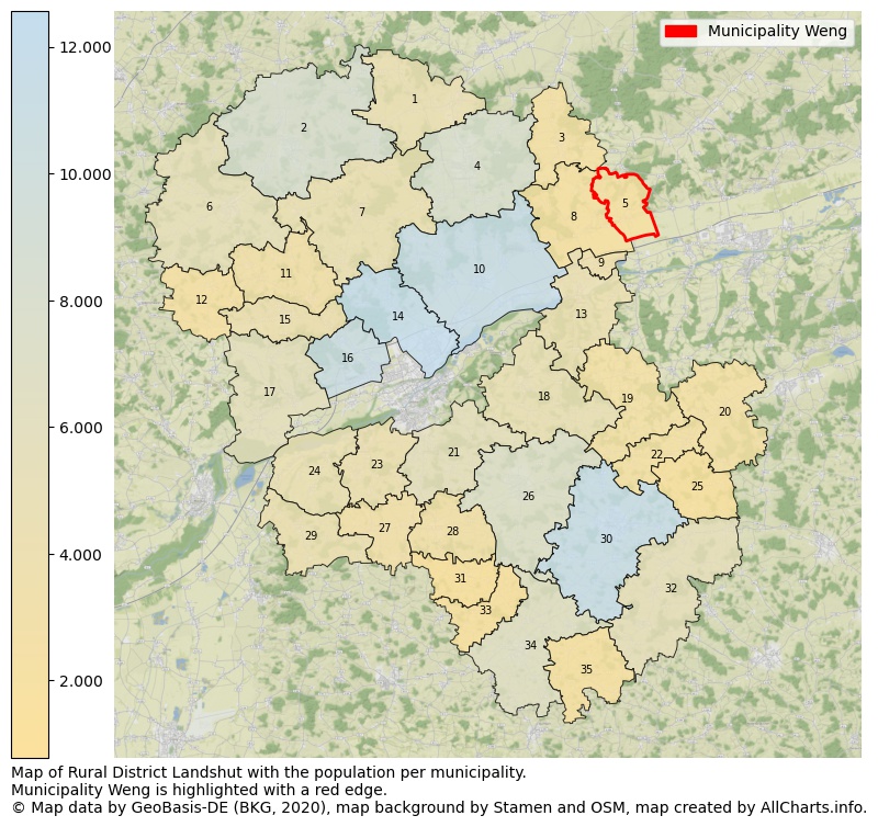 Map of Rural district Landshut with the population per municipality.Municipality Weng is highlighted with a red edge.. This page shows a lot of information about residents (such as the distribution by age groups, family composition, gender, native or German with an immigration background, ...), homes (numbers, types, price development, use, type of property, ...) and more (car ownership, energy consumption, ...) based on open data from the German Federal Agency for Cartography, the Federal Statistical Office (DESTATIS), the Regional Statistical Offices and various other sources!