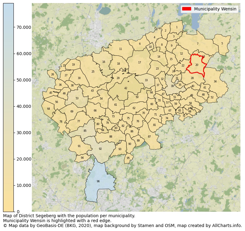 Map of District Segeberg with the population per municipality.Municipality Wensin is highlighted with a red edge.. This page shows a lot of information about residents (such as the distribution by age groups, family composition, gender, native or German with an immigration background, ...), homes (numbers, types, price development, use, type of property, ...) and more (car ownership, energy consumption, ...) based on open data from the German Federal Agency for Cartography, the Federal Statistical Office (DESTATIS), the Regional Statistical Offices and various other sources!