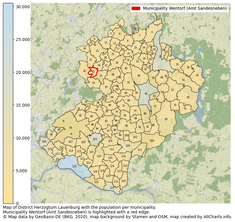 Map of District Herzogtum Lauenburg with the population per municipality.Municipality Wentorf (Amt Sandesneben) is highlighted with a red edge.. This page shows a lot of information about residents (such as the distribution by age groups, family composition, gender, native or German with an immigration background, ...), homes (numbers, types, price development, use, type of property, ...) and more (car ownership, energy consumption, ...) based on open data from the German Federal Agency for Cartography, the Federal Statistical Office (DESTATIS), the Regional Statistical Offices and various other sources!