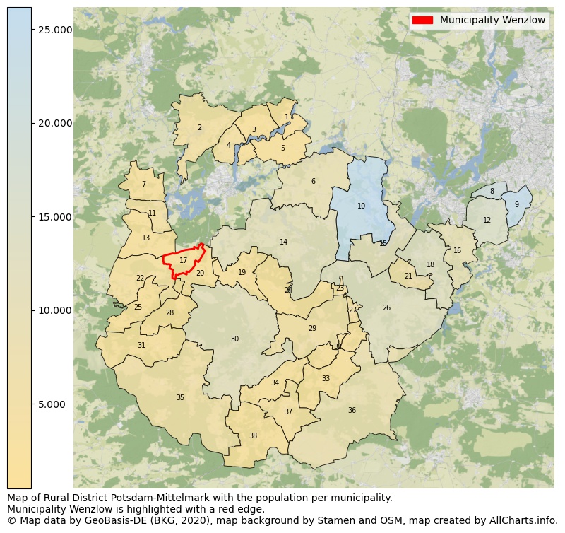 Map of Rural district Potsdam-Mittelmark with the population per municipality.Municipality Wenzlow is highlighted with a red edge.. This page shows a lot of information about residents (such as the distribution by age groups, family composition, gender, native or German with an immigration background, ...), homes (numbers, types, price development, use, type of property, ...) and more (car ownership, energy consumption, ...) based on open data from the German Federal Agency for Cartography, the Federal Statistical Office (DESTATIS), the Regional Statistical Offices and various other sources!