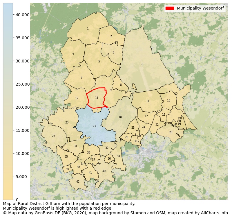 Map of Rural district Gifhorn with the population per municipality.Municipality Wesendorf is highlighted with a red edge.. This page shows a lot of information about residents (such as the distribution by age groups, family composition, gender, native or German with an immigration background, ...), homes (numbers, types, price development, use, type of property, ...) and more (car ownership, energy consumption, ...) based on open data from the German Federal Agency for Cartography, the Federal Statistical Office (DESTATIS), the Regional Statistical Offices and various other sources!