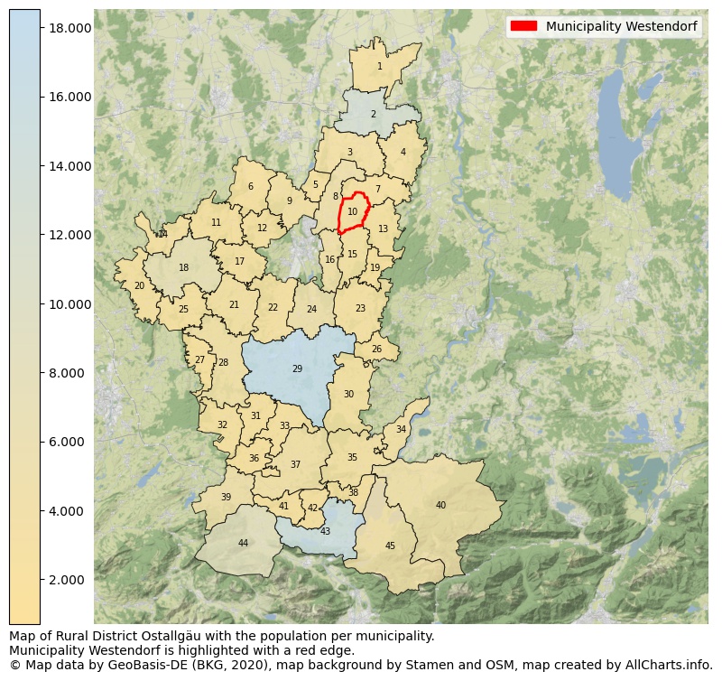 Map of Rural district Ostallgäu with the population per municipality.Municipality Westendorf is highlighted with a red edge.. This page shows a lot of information about residents (such as the distribution by age groups, family composition, gender, native or German with an immigration background, ...), homes (numbers, types, price development, use, type of property, ...) and more (car ownership, energy consumption, ...) based on open data from the German Federal Agency for Cartography, the Federal Statistical Office (DESTATIS), the Regional Statistical Offices and various other sources!
