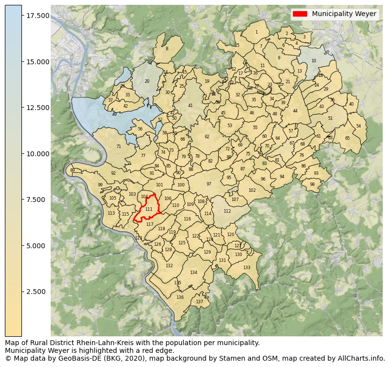 Map of Rural district Rhein-Lahn-Kreis with the population per municipality.Municipality Weyer is highlighted with a red edge.. This page shows a lot of information about residents (such as the distribution by age groups, family composition, gender, native or German with an immigration background, ...), homes (numbers, types, price development, use, type of property, ...) and more (car ownership, energy consumption, ...) based on open data from the German Federal Agency for Cartography, the Federal Statistical Office (DESTATIS), the Regional Statistical Offices and various other sources!