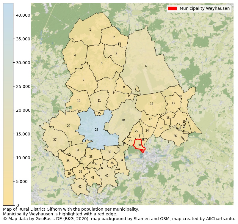 Map of Rural district Gifhorn with the population per municipality.Municipality Weyhausen is highlighted with a red edge.. This page shows a lot of information about residents (such as the distribution by age groups, family composition, gender, native or German with an immigration background, ...), homes (numbers, types, price development, use, type of property, ...) and more (car ownership, energy consumption, ...) based on open data from the German Federal Agency for Cartography, the Federal Statistical Office (DESTATIS), the Regional Statistical Offices and various other sources!
