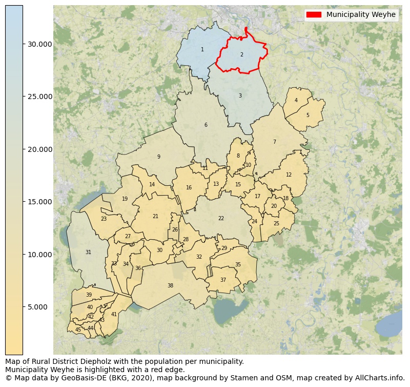 Map of Rural district Diepholz with the population per municipality.Municipality Weyhe is highlighted with a red edge.. This page shows a lot of information about residents (such as the distribution by age groups, family composition, gender, native or German with an immigration background, ...), homes (numbers, types, price development, use, type of property, ...) and more (car ownership, energy consumption, ...) based on open data from the German Federal Agency for Cartography, the Federal Statistical Office (DESTATIS), the Regional Statistical Offices and various other sources!