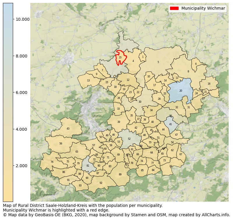 Map of Rural district Saale-Holzland-Kreis with the population per municipality.Municipality Wichmar is highlighted with a red edge.. This page shows a lot of information about residents (such as the distribution by age groups, family composition, gender, native or German with an immigration background, ...), homes (numbers, types, price development, use, type of property, ...) and more (car ownership, energy consumption, ...) based on open data from the German Federal Agency for Cartography, the Federal Statistical Office (DESTATIS), the Regional Statistical Offices and various other sources!