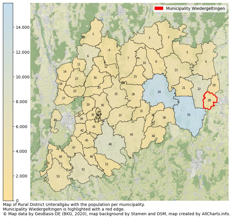 Map of Rural district Unterallgäu with the population per municipality.Municipality Wiedergeltingen is highlighted with a red edge.. This page shows a lot of information about residents (such as the distribution by age groups, family composition, gender, native or German with an immigration background, ...), homes (numbers, types, price development, use, type of property, ...) and more (car ownership, energy consumption, ...) based on open data from the German Federal Agency for Cartography, the Federal Statistical Office (DESTATIS), the Regional Statistical Offices and various other sources!
