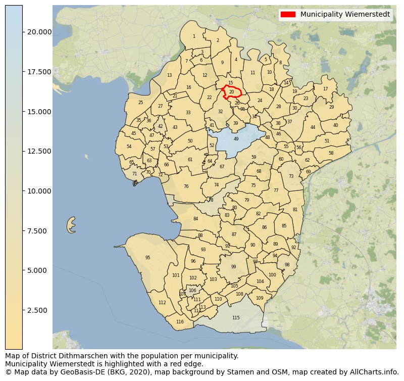 Map of District Dithmarschen with the population per municipality.Municipality Wiemerstedt is highlighted with a red edge.. This page shows a lot of information about residents (such as the distribution by age groups, family composition, gender, native or German with an immigration background, ...), homes (numbers, types, price development, use, type of property, ...) and more (car ownership, energy consumption, ...) based on open data from the German Federal Agency for Cartography, the Federal Statistical Office (DESTATIS), the Regional Statistical Offices and various other sources!