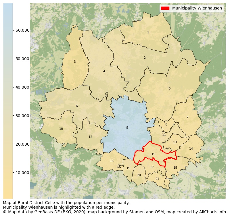 Map of Rural district Celle with the population per municipality.Municipality Wienhausen is highlighted with a red edge.. This page shows a lot of information about residents (such as the distribution by age groups, family composition, gender, native or German with an immigration background, ...), homes (numbers, types, price development, use, type of property, ...) and more (car ownership, energy consumption, ...) based on open data from the German Federal Agency for Cartography, the Federal Statistical Office (DESTATIS), the Regional Statistical Offices and various other sources!