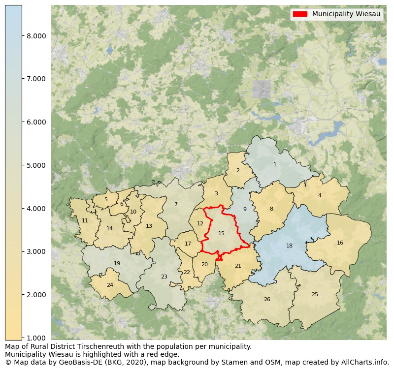 Map of Rural district Tirschenreuth with the population per municipality.Municipality Wiesau is highlighted with a red edge.. This page shows a lot of information about residents (such as the distribution by age groups, family composition, gender, native or German with an immigration background, ...), homes (numbers, types, price development, use, type of property, ...) and more (car ownership, energy consumption, ...) based on open data from the German Federal Agency for Cartography, the Federal Statistical Office (DESTATIS), the Regional Statistical Offices and various other sources!