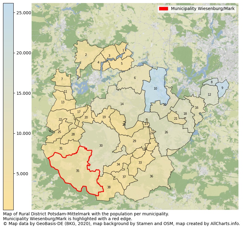 Map of Rural district Potsdam-Mittelmark with the population per municipality.Municipality Wiesenburg/Mark is highlighted with a red edge.. This page shows a lot of information about residents (such as the distribution by age groups, family composition, gender, native or German with an immigration background, ...), homes (numbers, types, price development, use, type of property, ...) and more (car ownership, energy consumption, ...) based on open data from the German Federal Agency for Cartography, the Federal Statistical Office (DESTATIS), the Regional Statistical Offices and various other sources!