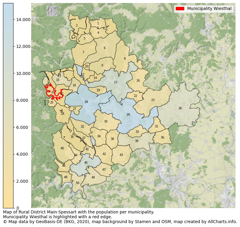 Map of Rural district Main-Spessart with the population per municipality.Municipality Wiesthal is highlighted with a red edge.. This page shows a lot of information about residents (such as the distribution by age groups, family composition, gender, native or German with an immigration background, ...), homes (numbers, types, price development, use, type of property, ...) and more (car ownership, energy consumption, ...) based on open data from the German Federal Agency for Cartography, the Federal Statistical Office (DESTATIS), the Regional Statistical Offices and various other sources!