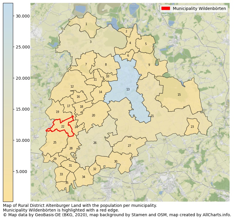 Map of Rural district Altenburger Land with the population per municipality.Municipality Wildenbörten is highlighted with a red edge.. This page shows a lot of information about residents (such as the distribution by age groups, family composition, gender, native or German with an immigration background, ...), homes (numbers, types, price development, use, type of property, ...) and more (car ownership, energy consumption, ...) based on open data from the German Federal Agency for Cartography, the Federal Statistical Office (DESTATIS), the Regional Statistical Offices and various other sources!
