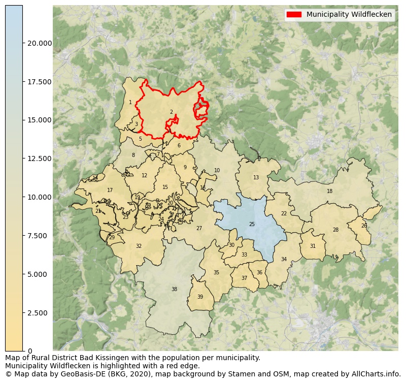 Map of Rural district Bad Kissingen with the population per municipality.Municipality Wildflecken is highlighted with a red edge.. This page shows a lot of information about residents (such as the distribution by age groups, family composition, gender, native or German with an immigration background, ...), homes (numbers, types, price development, use, type of property, ...) and more (car ownership, energy consumption, ...) based on open data from the German Federal Agency for Cartography, the Federal Statistical Office (DESTATIS), the Regional Statistical Offices and various other sources!