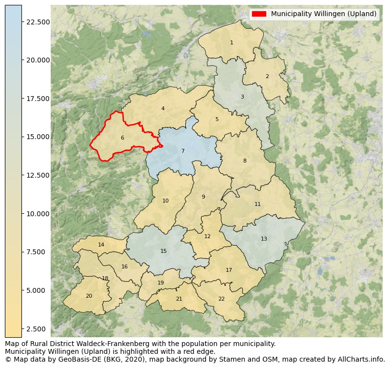 Map of Rural district Waldeck-Frankenberg with the population per municipality.Municipality Willingen (Upland) is highlighted with a red edge.. This page shows a lot of information about residents (such as the distribution by age groups, family composition, gender, native or German with an immigration background, ...), homes (numbers, types, price development, use, type of property, ...) and more (car ownership, energy consumption, ...) based on open data from the German Federal Agency for Cartography, the Federal Statistical Office (DESTATIS), the Regional Statistical Offices and various other sources!
