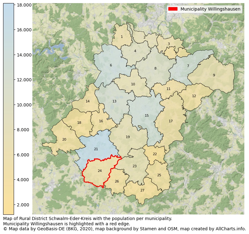Map of Rural district Schwalm-Eder-Kreis with the population per municipality.Municipality Willingshausen is highlighted with a red edge.. This page shows a lot of information about residents (such as the distribution by age groups, family composition, gender, native or German with an immigration background, ...), homes (numbers, types, price development, use, type of property, ...) and more (car ownership, energy consumption, ...) based on open data from the German Federal Agency for Cartography, the Federal Statistical Office (DESTATIS), the Regional Statistical Offices and various other sources!