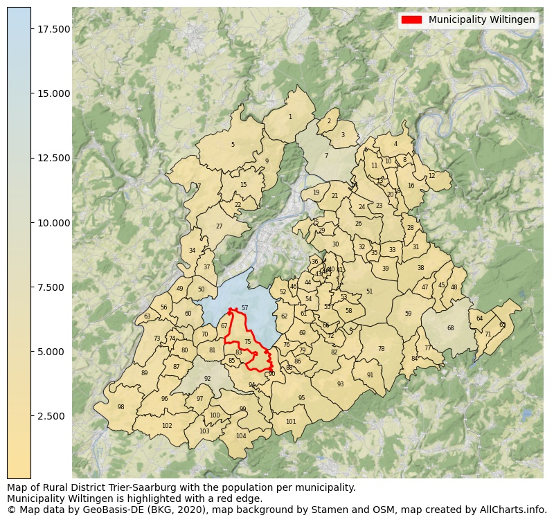 Map of Rural district Trier-Saarburg with the population per municipality.Municipality Wiltingen is highlighted with a red edge.. This page shows a lot of information about residents (such as the distribution by age groups, family composition, gender, native or German with an immigration background, ...), homes (numbers, types, price development, use, type of property, ...) and more (car ownership, energy consumption, ...) based on open data from the German Federal Agency for Cartography, the Federal Statistical Office (DESTATIS), the Regional Statistical Offices and various other sources!