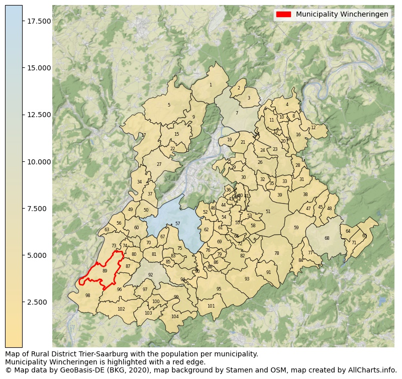 Map of Rural district Trier-Saarburg with the population per municipality.Municipality Wincheringen is highlighted with a red edge.. This page shows a lot of information about residents (such as the distribution by age groups, family composition, gender, native or German with an immigration background, ...), homes (numbers, types, price development, use, type of property, ...) and more (car ownership, energy consumption, ...) based on open data from the German Federal Agency for Cartography, the Federal Statistical Office (DESTATIS), the Regional Statistical Offices and various other sources!