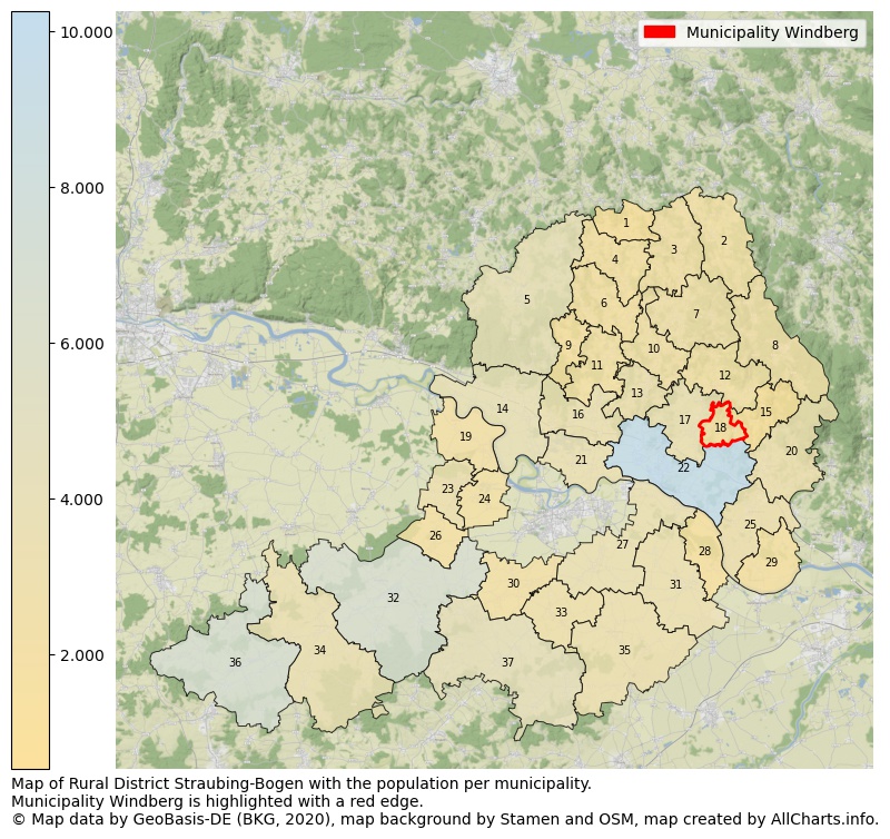 Map of Rural district Straubing-Bogen with the population per municipality.Municipality Windberg is highlighted with a red edge.. This page shows a lot of information about residents (such as the distribution by age groups, family composition, gender, native or German with an immigration background, ...), homes (numbers, types, price development, use, type of property, ...) and more (car ownership, energy consumption, ...) based on open data from the German Federal Agency for Cartography, the Federal Statistical Office (DESTATIS), the Regional Statistical Offices and various other sources!
