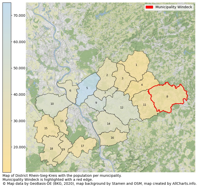 Map of District Rhein-Sieg-Kreis with the population per municipality.Municipality Windeck is highlighted with a red edge.. This page shows a lot of information about residents (such as the distribution by age groups, family composition, gender, native or German with an immigration background, ...), homes (numbers, types, price development, use, type of property, ...) and more (car ownership, energy consumption, ...) based on open data from the German Federal Agency for Cartography, the Federal Statistical Office (DESTATIS), the Regional Statistical Offices and various other sources!