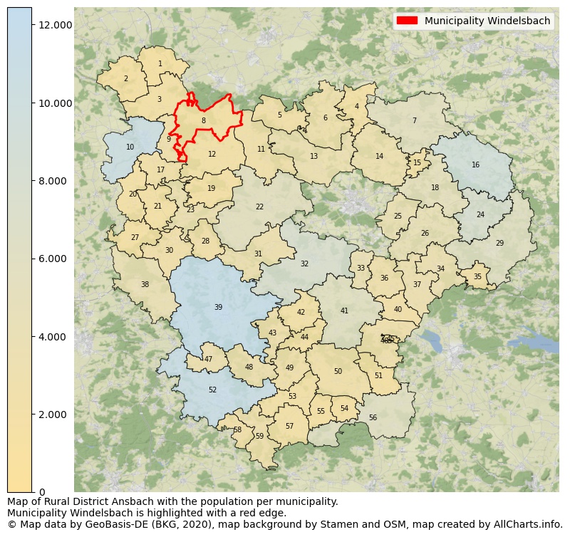 Map of Rural district Ansbach with the population per municipality.Municipality Windelsbach is highlighted with a red edge.. This page shows a lot of information about residents (such as the distribution by age groups, family composition, gender, native or German with an immigration background, ...), homes (numbers, types, price development, use, type of property, ...) and more (car ownership, energy consumption, ...) based on open data from the German Federal Agency for Cartography, the Federal Statistical Office (DESTATIS), the Regional Statistical Offices and various other sources!