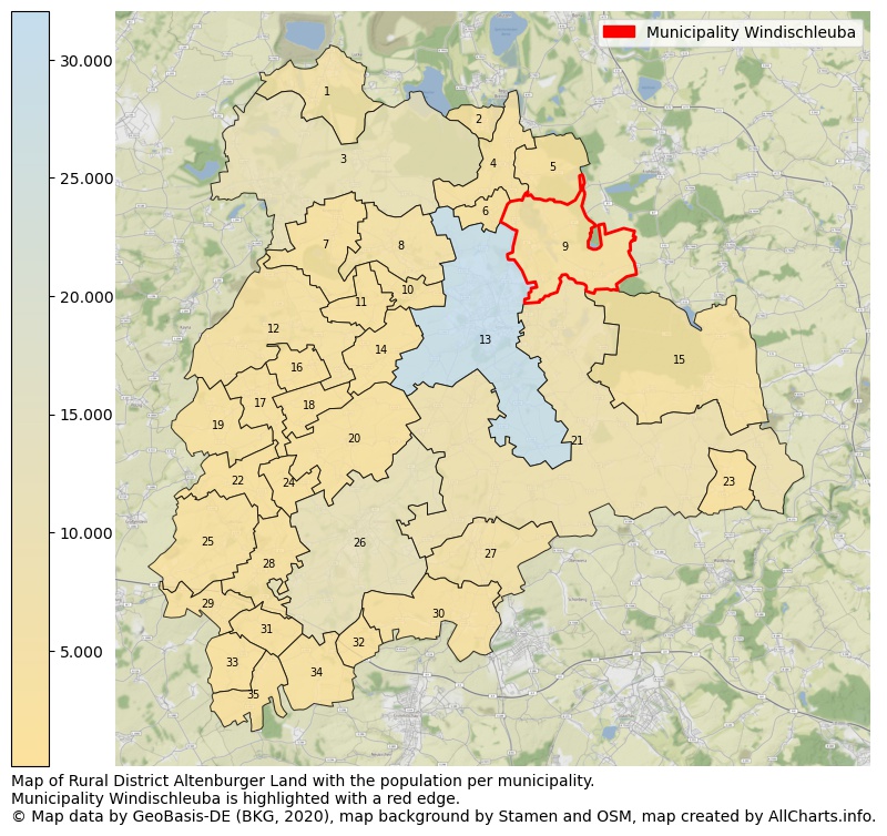 Map of Rural district Altenburger Land with the population per municipality.Municipality Windischleuba is highlighted with a red edge.. This page shows a lot of information about residents (such as the distribution by age groups, family composition, gender, native or German with an immigration background, ...), homes (numbers, types, price development, use, type of property, ...) and more (car ownership, energy consumption, ...) based on open data from the German Federal Agency for Cartography, the Federal Statistical Office (DESTATIS), the Regional Statistical Offices and various other sources!
