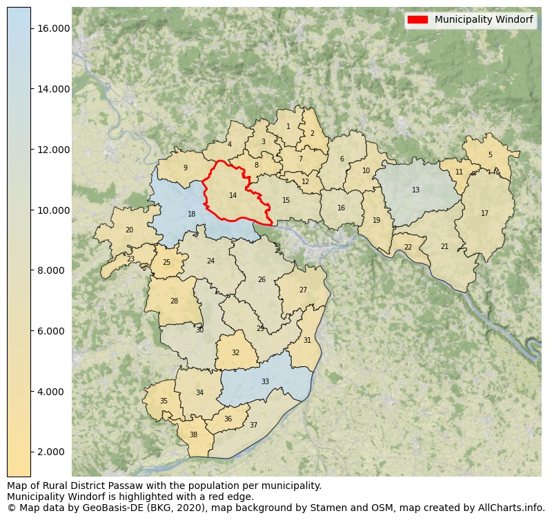Map of Rural district Passaw with the population per municipality.Municipality Windorf is highlighted with a red edge.. This page shows a lot of information about residents (such as the distribution by age groups, family composition, gender, native or German with an immigration background, ...), homes (numbers, types, price development, use, type of property, ...) and more (car ownership, energy consumption, ...) based on open data from the German Federal Agency for Cartography, the Federal Statistical Office (DESTATIS), the Regional Statistical Offices and various other sources!