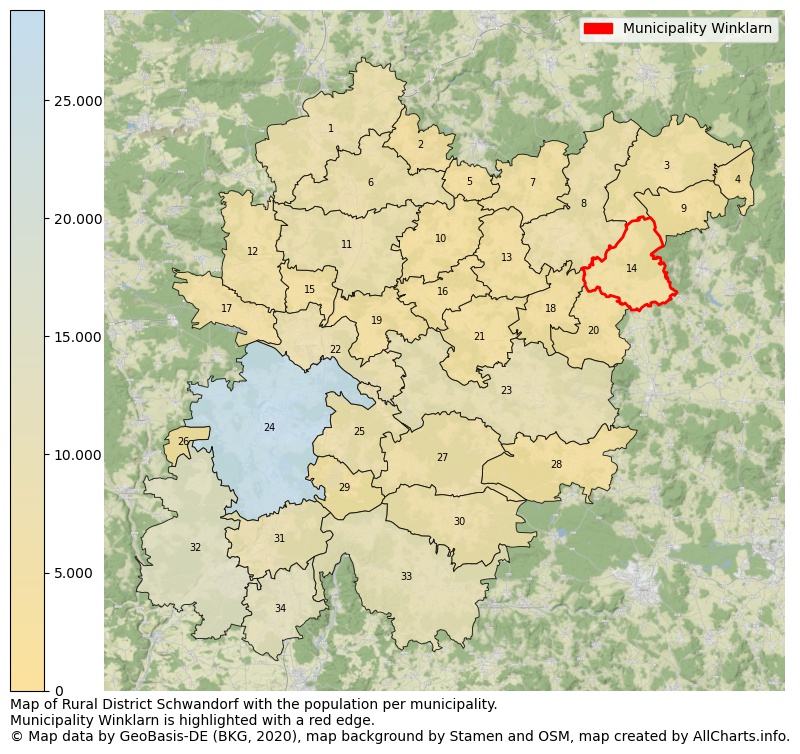 Map of Rural district Schwandorf with the population per municipality.Municipality Winklarn is highlighted with a red edge.. This page shows a lot of information about residents (such as the distribution by age groups, family composition, gender, native or German with an immigration background, ...), homes (numbers, types, price development, use, type of property, ...) and more (car ownership, energy consumption, ...) based on open data from the German Federal Agency for Cartography, the Federal Statistical Office (DESTATIS), the Regional Statistical Offices and various other sources!
