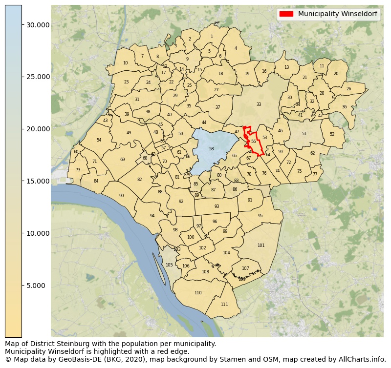 Map of District Steinburg with the population per municipality.Municipality Winseldorf is highlighted with a red edge.. This page shows a lot of information about residents (such as the distribution by age groups, family composition, gender, native or German with an immigration background, ...), homes (numbers, types, price development, use, type of property, ...) and more (car ownership, energy consumption, ...) based on open data from the German Federal Agency for Cartography, the Federal Statistical Office (DESTATIS), the Regional Statistical Offices and various other sources!