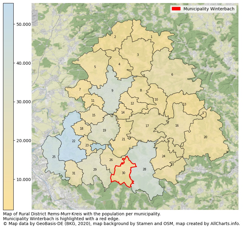 Map of Rural district Rems-Murr-Kreis with the population per municipality.Municipality Winterbach is highlighted with a red edge.. This page shows a lot of information about residents (such as the distribution by age groups, family composition, gender, native or German with an immigration background, ...), homes (numbers, types, price development, use, type of property, ...) and more (car ownership, energy consumption, ...) based on open data from the German Federal Agency for Cartography, the Federal Statistical Office (DESTATIS), the Regional Statistical Offices and various other sources!