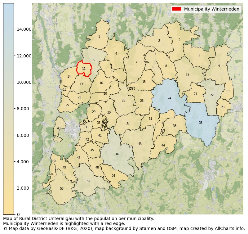 Map of Rural district Unterallgäu with the population per municipality.Municipality Winterrieden is highlighted with a red edge.. This page shows a lot of information about residents (such as the distribution by age groups, family composition, gender, native or German with an immigration background, ...), homes (numbers, types, price development, use, type of property, ...) and more (car ownership, energy consumption, ...) based on open data from the German Federal Agency for Cartography, the Federal Statistical Office (DESTATIS), the Regional Statistical Offices and various other sources!