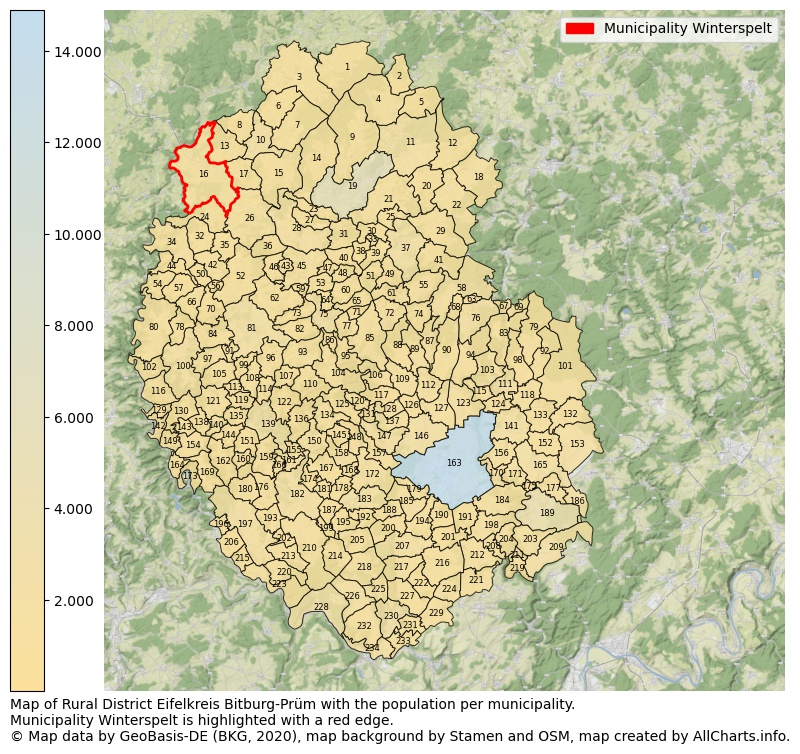 Map of Rural district Eifelkreis Bitburg-Prüm with the population per municipality.Municipality Winterspelt is highlighted with a red edge.. This page shows a lot of information about residents (such as the distribution by age groups, family composition, gender, native or German with an immigration background, ...), homes (numbers, types, price development, use, type of property, ...) and more (car ownership, energy consumption, ...) based on open data from the German Federal Agency for Cartography, the Federal Statistical Office (DESTATIS), the Regional Statistical Offices and various other sources!