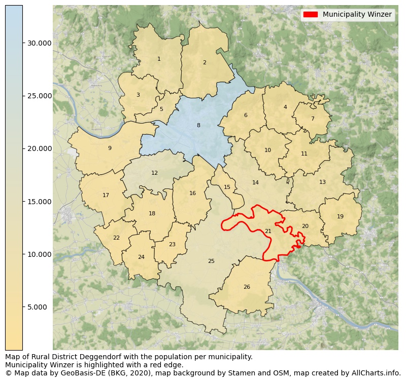 Map of Rural district Deggendorf with the population per municipality.Municipality Winzer is highlighted with a red edge.. This page shows a lot of information about residents (such as the distribution by age groups, family composition, gender, native or German with an immigration background, ...), homes (numbers, types, price development, use, type of property, ...) and more (car ownership, energy consumption, ...) based on open data from the German Federal Agency for Cartography, the Federal Statistical Office (DESTATIS), the Regional Statistical Offices and various other sources!