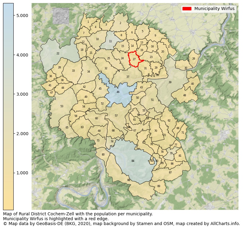 Map of Rural district Cochem-Zell with the population per municipality.Municipality Wirfus is highlighted with a red edge.. This page shows a lot of information about residents (such as the distribution by age groups, family composition, gender, native or German with an immigration background, ...), homes (numbers, types, price development, use, type of property, ...) and more (car ownership, energy consumption, ...) based on open data from the German Federal Agency for Cartography, the Federal Statistical Office (DESTATIS), the Regional Statistical Offices and various other sources!
