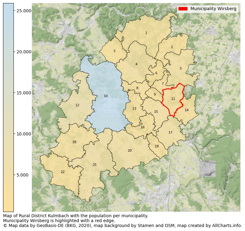 Map of Rural district Kulmbach with the population per municipality.Municipality Wirsberg is highlighted with a red edge.. This page shows a lot of information about residents (such as the distribution by age groups, family composition, gender, native or German with an immigration background, ...), homes (numbers, types, price development, use, type of property, ...) and more (car ownership, energy consumption, ...) based on open data from the German Federal Agency for Cartography, the Federal Statistical Office (DESTATIS), the Regional Statistical Offices and various other sources!