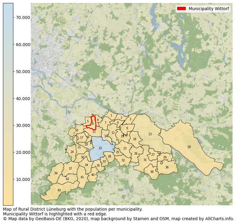 Map of Rural district Lüneburg with the population per municipality.Municipality Wittorf is highlighted with a red edge.. This page shows a lot of information about residents (such as the distribution by age groups, family composition, gender, native or German with an immigration background, ...), homes (numbers, types, price development, use, type of property, ...) and more (car ownership, energy consumption, ...) based on open data from the German Federal Agency for Cartography, the Federal Statistical Office (DESTATIS), the Regional Statistical Offices and various other sources!
