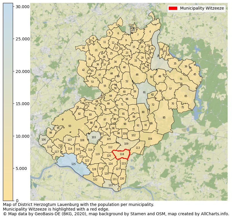 Map of District Herzogtum Lauenburg with the population per municipality.Municipality Witzeeze is highlighted with a red edge.. This page shows a lot of information about residents (such as the distribution by age groups, family composition, gender, native or German with an immigration background, ...), homes (numbers, types, price development, use, type of property, ...) and more (car ownership, energy consumption, ...) based on open data from the German Federal Agency for Cartography, the Federal Statistical Office (DESTATIS), the Regional Statistical Offices and various other sources!