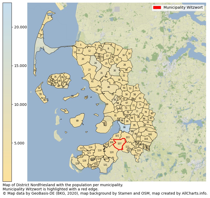 Map of District Nordfriesland with the population per municipality.Municipality Witzwort is highlighted with a red edge.. This page shows a lot of information about residents (such as the distribution by age groups, family composition, gender, native or German with an immigration background, ...), homes (numbers, types, price development, use, type of property, ...) and more (car ownership, energy consumption, ...) based on open data from the German Federal Agency for Cartography, the Federal Statistical Office (DESTATIS), the Regional Statistical Offices and various other sources!