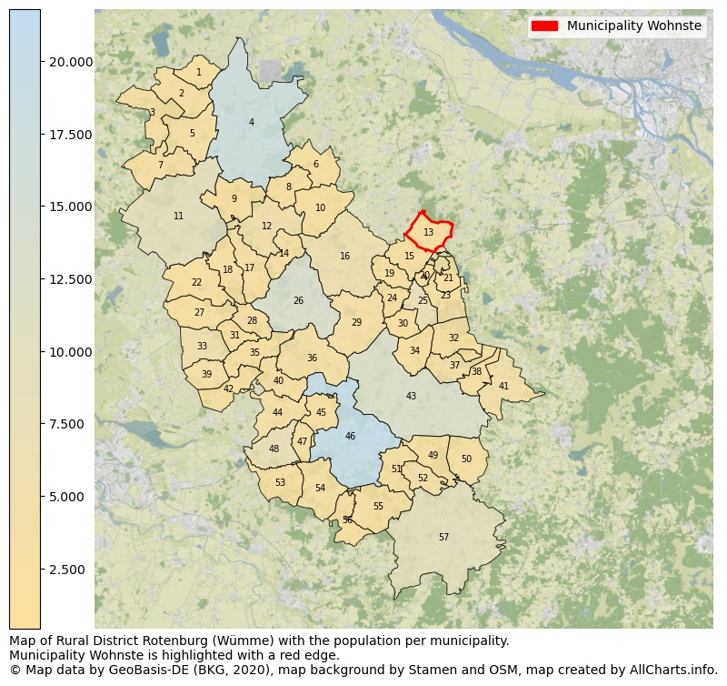 Map of Rural district Rotenburg (Wümme) with the population per municipality.Municipality Wohnste is highlighted with a red edge.. This page shows a lot of information about residents (such as the distribution by age groups, family composition, gender, native or German with an immigration background, ...), homes (numbers, types, price development, use, type of property, ...) and more (car ownership, energy consumption, ...) based on open data from the German Federal Agency for Cartography, the Federal Statistical Office (DESTATIS), the Regional Statistical Offices and various other sources!