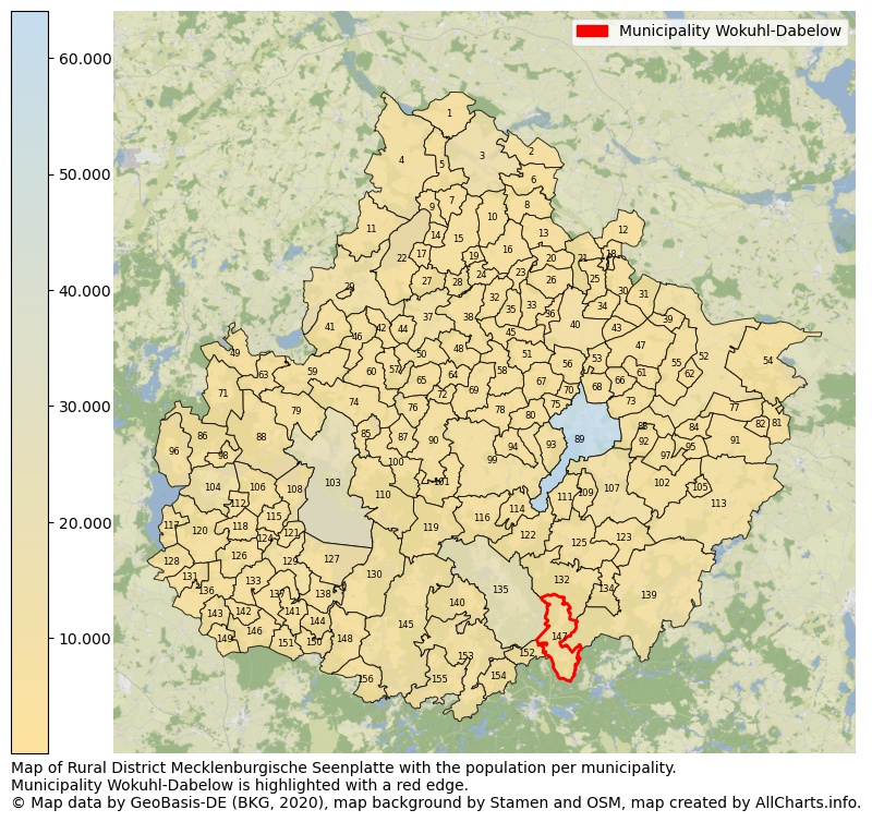 Map of Rural district Mecklenburgische Seenplatte with the population per municipality.Municipality Wokuhl-Dabelow is highlighted with a red edge.. This page shows a lot of information about residents (such as the distribution by age groups, family composition, gender, native or German with an immigration background, ...), homes (numbers, types, price development, use, type of property, ...) and more (car ownership, energy consumption, ...) based on open data from the German Federal Agency for Cartography, the Federal Statistical Office (DESTATIS), the Regional Statistical Offices and various other sources!