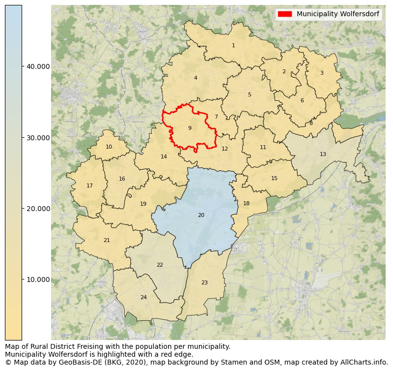 Map of Rural district Freising with the population per municipality.Municipality Wolfersdorf is highlighted with a red edge.. This page shows a lot of information about residents (such as the distribution by age groups, family composition, gender, native or German with an immigration background, ...), homes (numbers, types, price development, use, type of property, ...) and more (car ownership, energy consumption, ...) based on open data from the German Federal Agency for Cartography, the Federal Statistical Office (DESTATIS), the Regional Statistical Offices and various other sources!