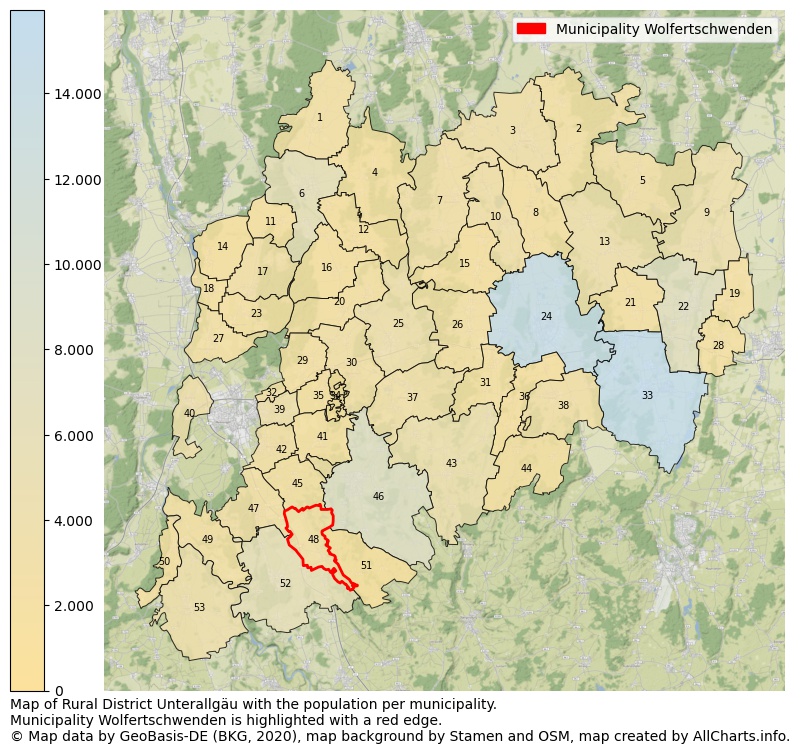 Map of Rural district Unterallgäu with the population per municipality.Municipality Wolfertschwenden is highlighted with a red edge.. This page shows a lot of information about residents (such as the distribution by age groups, family composition, gender, native or German with an immigration background, ...), homes (numbers, types, price development, use, type of property, ...) and more (car ownership, energy consumption, ...) based on open data from the German Federal Agency for Cartography, the Federal Statistical Office (DESTATIS), the Regional Statistical Offices and various other sources!
