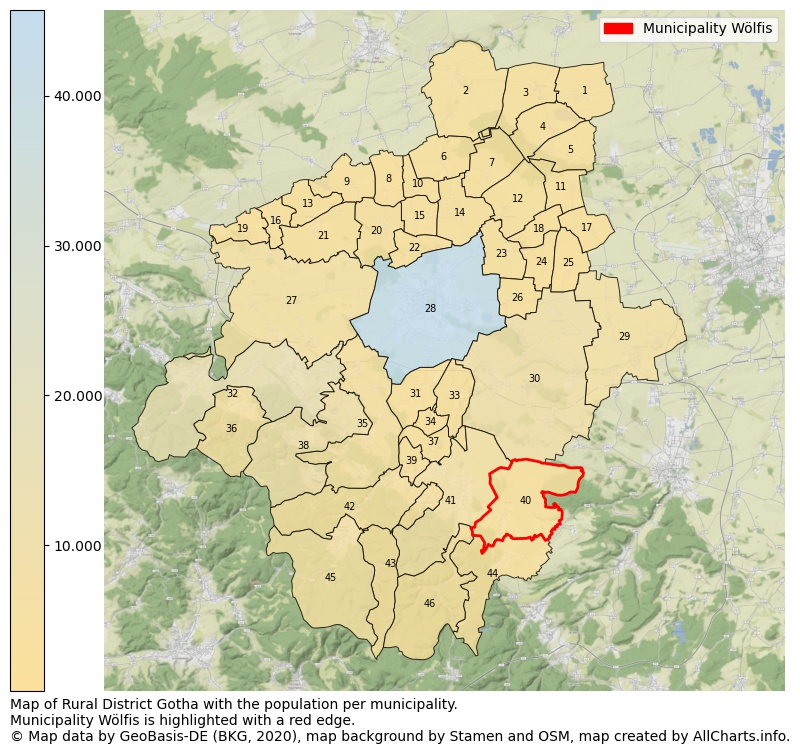 Map of Rural district Gotha with the population per municipality.Municipality Wölfis is highlighted with a red edge.. This page shows a lot of information about residents (such as the distribution by age groups, family composition, gender, native or German with an immigration background, ...), homes (numbers, types, price development, use, type of property, ...) and more (car ownership, energy consumption, ...) based on open data from the German Federal Agency for Cartography, the Federal Statistical Office (DESTATIS), the Regional Statistical Offices and various other sources!