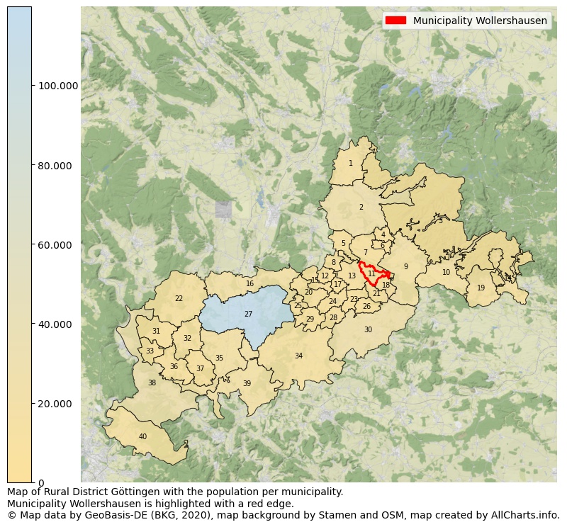 Map of Rural district Göttingen with the population per municipality.Municipality Wollershausen is highlighted with a red edge.. This page shows a lot of information about residents (such as the distribution by age groups, family composition, gender, native or German with an immigration background, ...), homes (numbers, types, price development, use, type of property, ...) and more (car ownership, energy consumption, ...) based on open data from the German Federal Agency for Cartography, the Federal Statistical Office (DESTATIS), the Regional Statistical Offices and various other sources!